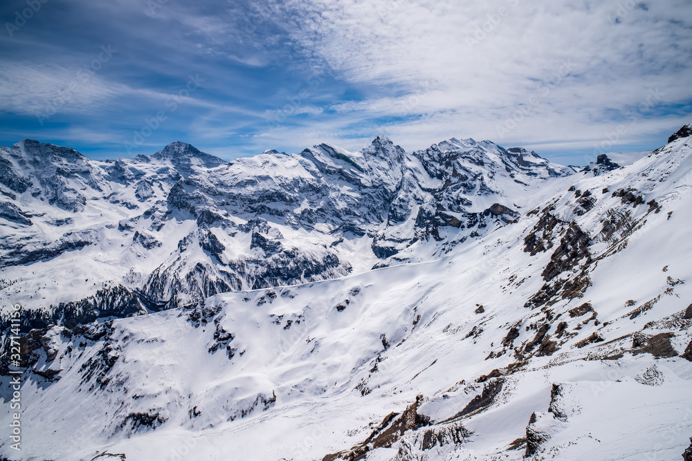 Breathtaking panoramic view of Grosshorn, Breithorn, Gspaltenhorn and Wyssi Frau summits in Swiss Alps, Switzerland