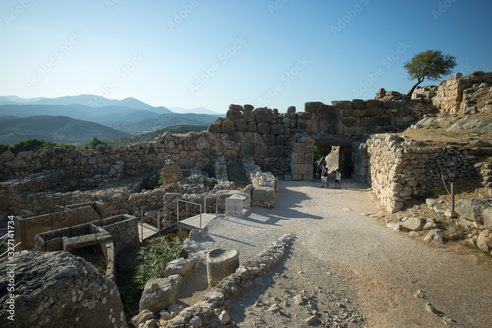 Mycenae, Greece - August, 30, 2019. An archaeological site near Mykines in Argolis, Peloponnese, Greece. In the second millennium BC, Mycenae was one of the major centres of Greek civilization.