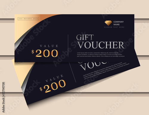 Gift voucher template with glitter gold luxury elements. Vector illustration. Design for invitation, certificate, gift coupon, ticket, voucher.