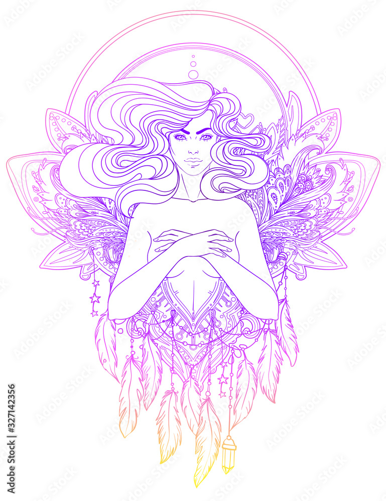 Pretty fairy elf. Portrait of young woman view with long hair. Pixie pagan  princess. Vector isolated illustration. Fantasy, spirituality, occultism,  tattoo. Art nouveau inspired. Sticker design. Stock Vector | Adobe Stock