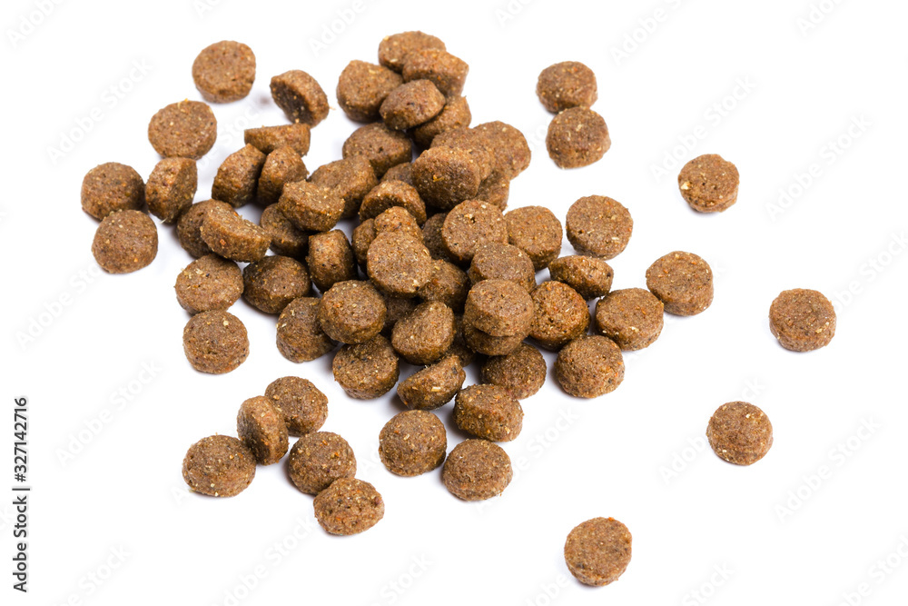 Dry cat food isolated on white background close-up top view Dry cat food isolated on white background close-up top view