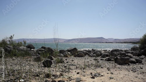Rocky shore of the Sea of Galilee on a hot summer day, Israel