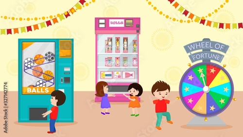 Group of happy kids boys girls in children entertaining amusement fun game center vector illustration. Vending machines selling toys balls dolls. Wheel of fortune children playing attraction.