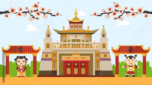 Fototapeta Naklejka Na Ścianę i Meble -  Chinese symbols, festive cartoon people man, woman or children boy, girl vector illustration. Flowering plum, chinese temple gate. China tourism invitation, New Year celebration concept banner card.