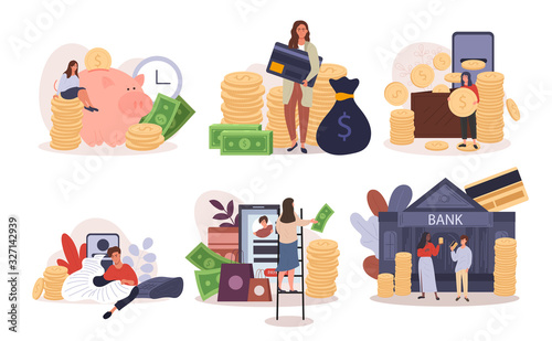 Six different banking and financial designs with people with a piggy bank, banking at the bank, online finances, credit card and counting gold coins, cartoon vector illustrations