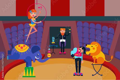 Circus show vector illustration. Circus people artists performers men woman girl at arena. Trainer with lion, magician with hare, aerialist, clown. Wild animal elephant. Kids and family entertainment.