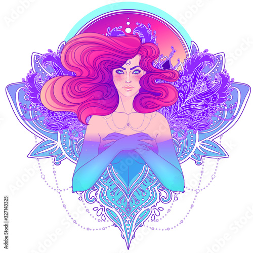 Pretty fairy elf. Portrait of young woman view with long hair. Pixie pagan princess. Vector isolated illustration. Fantasy, spirituality, occultism, tattoo. Art nouveau inspired. Sticker design.