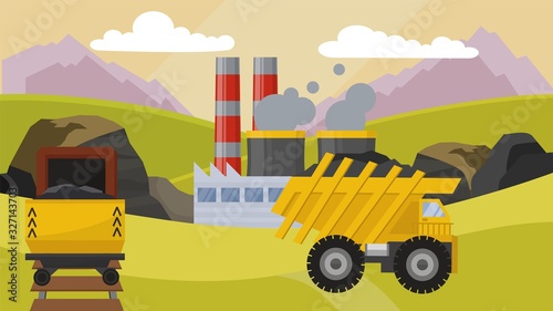 Coal mining industry facilities concept vector illustration. Mine, machine dump truck rail trolley equipment for coal extraction production station field. Smoking chimney of factory plant. photo