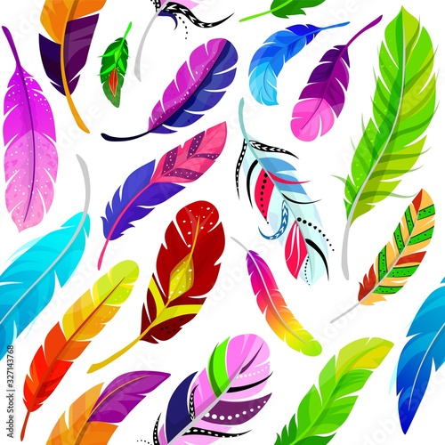 Feathers seamless pattern vector illustration in flat style. Colored differen...