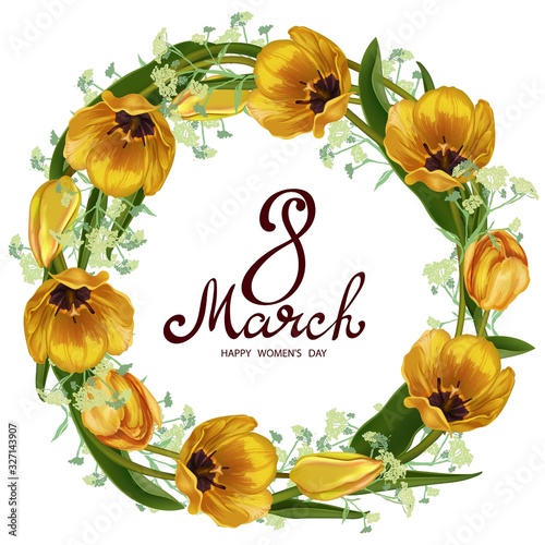 Yellow tulips and early spring flowers. Floral wreath, decorative postcard, banner, background for holidays: March 8, women's day, Poster for spring, Valentine's Day, birthday, wedding