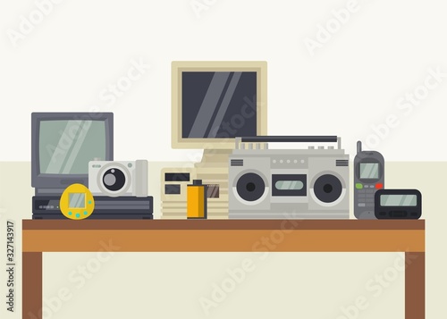 Vintage retro audio video electronic devices gadgets vector illustration. Tape cassette recorder, television set, computer. Pager, camera, game. Old 90s style entertainment equipment set.