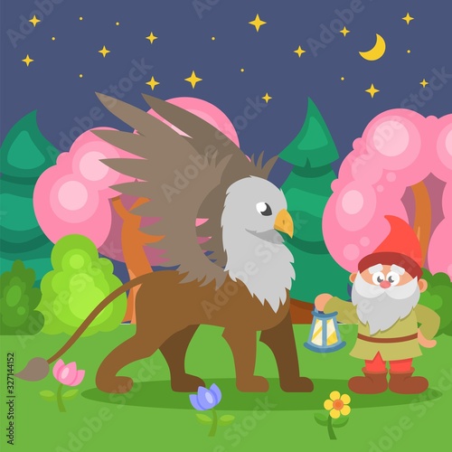 Gnome and griffin mythological characters with lantern in fairytale cartoon forest vector illustration. Magical wood at halloween night fantasy nature landscape card  wallpaper.