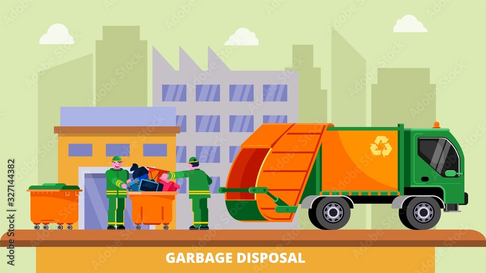 Garbage disposal truck dustcart, dumpsters and two scavengers janitors people sorting and collecting trash can, vector illustration. Waste removal recycling concept. City buildings background.