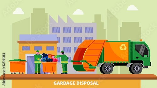Garbage disposal truck dustcart, dumpsters and two scavengers janitors people sorting and collecting trash can, vector illustration. Waste removal recycling concept. City buildings background.