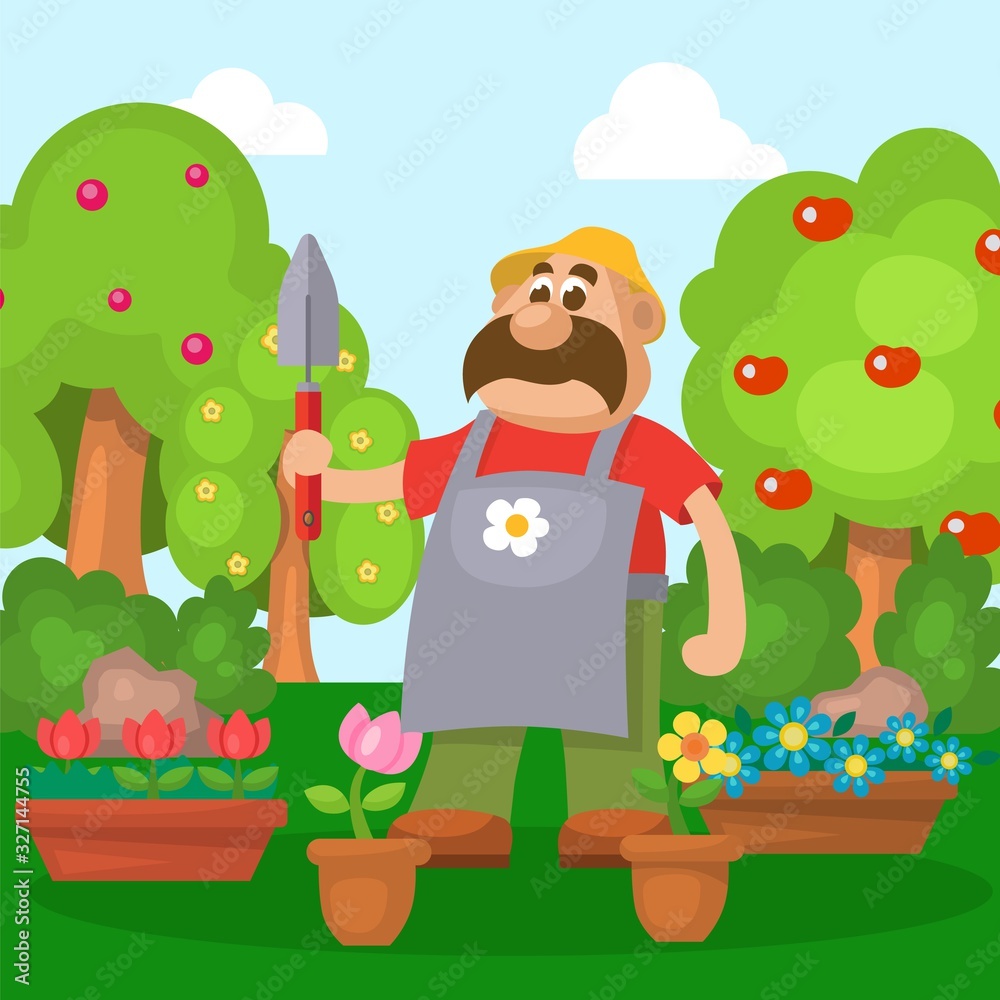 Fototapeta premium Man with garden tool in his hand next to blooming flowers growing in pots vector illustration. Cartoon cheerful gardener working in garden with plants, fruit apple trees.