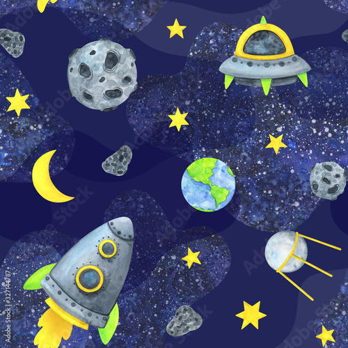 Rocket, flying saucer, spaceship, satellite, planet, stars.Space seamless pattern. Blue background with watercolor illustrations for children. Infinite universe.The science of astronomy.