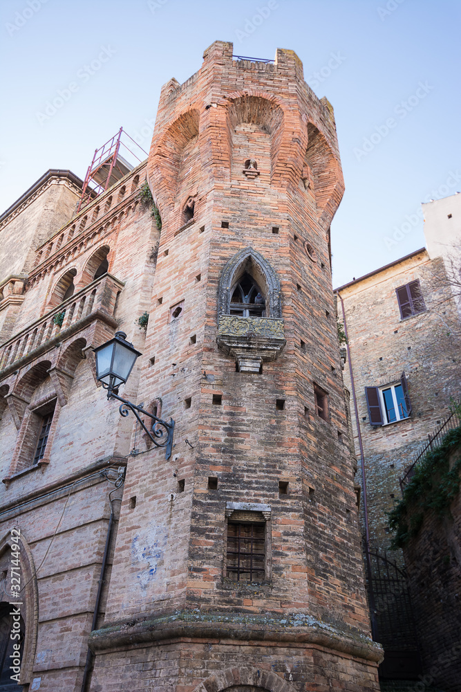 Architectural detail of a tower of the Palazzo Amarotti in Loreto Aprutino