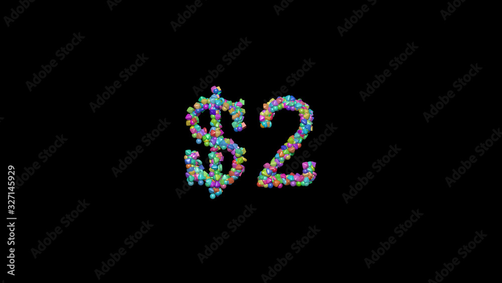 Colorful 3D writting of $2 text with small objects over a dark background and matching shadow