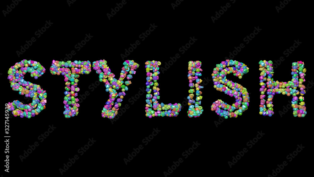 Stylish: 3D illustration of the text made of small objects over a black background with shadows Stylish: 3D illustration of the text made of small objects over a black background with shadows