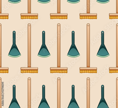Cartoon style mops with brushes and dustpans for cleaning seamless pattern on beige background