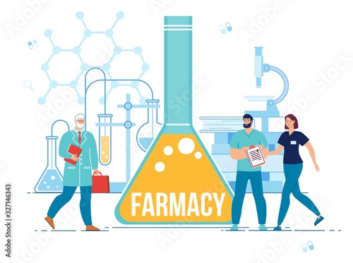 Pharmacy Poster with Pharmacist, Medical Staff People Character Engaged in Medication Creation Process. Microscope, Glass Test Tube and Flask with Liquid. Laboratory and Medicine. Vector Illustration