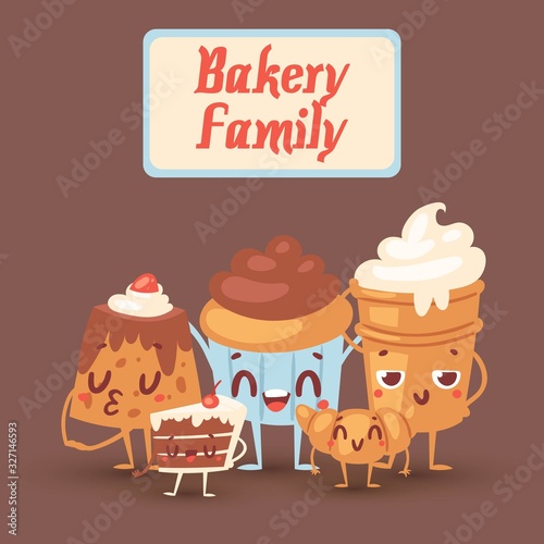 Cute bakery kawaii family vector illustration with yummy cakes  biscuits  bread and cupcakes with eyes. Funny smiling baked cartoon characters for baking shops or cafe poster  kids menu.