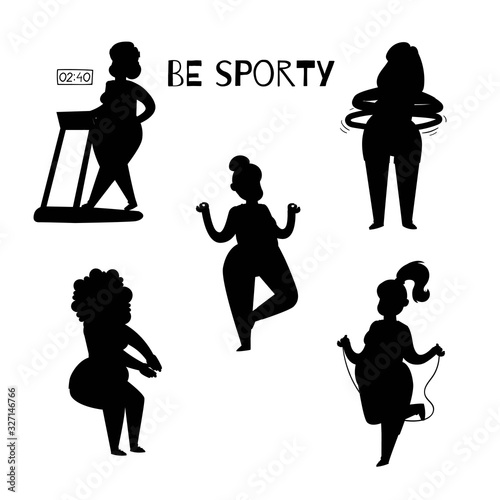 Fat woman silhouette doing sport exercises, cartoon vector illustration isolated on white background. Obese, fat woman doing treadmill walking, jumping, sit ups and yoga exercises, getting fit.