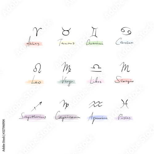 Set of zodiac signs symbols. Hand-drawn and calligraphic elements. Vector