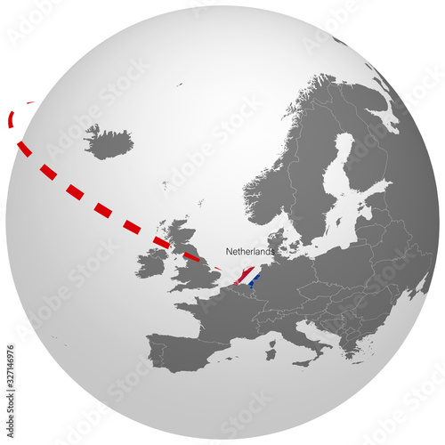 world map, outline of Holland, Netherlands in the color of the national flag of the European Union