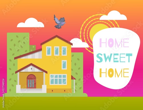 Fototapeta Naklejka Na Ścianę i Meble -  Home sweet home kids colorful cute card with houses, town and typography, cartoon vector illustration. Sweet home poster or postcard.