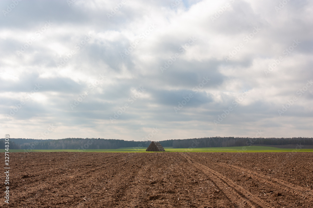 Spring landscape. A dark plowed field and a field with verdant shoots, last year's stack and forest on the horizon, and the sky with gray-blue clouds. Spring landscape. A dark plowed field and a field with verdant shoots, last year's stack and forest on the horizon, and the sky with gray-blue clouds.