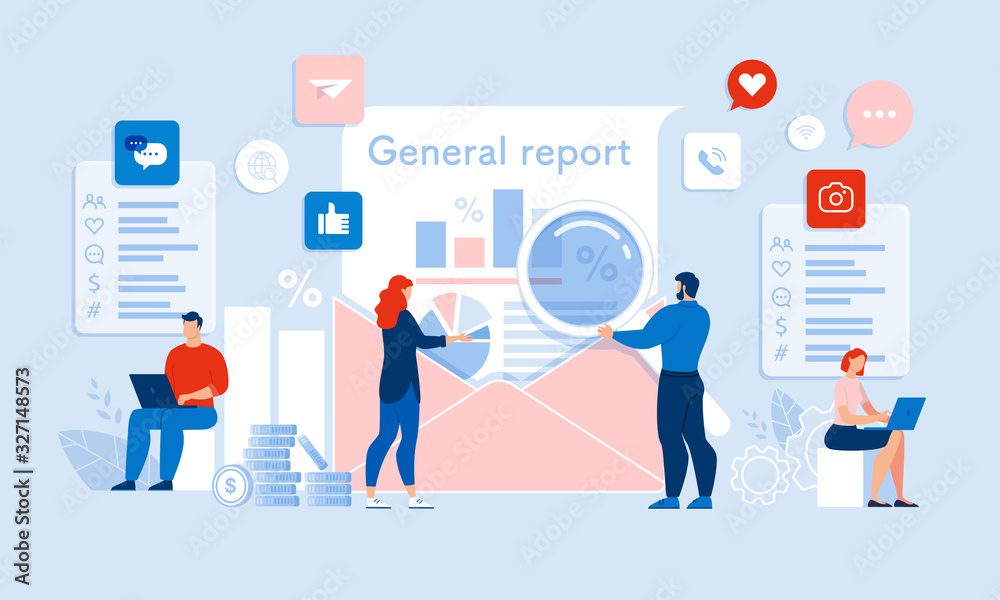 Team Auditor Making, Checking up General Report with Chart and Graph in Email Envelop. Media and Business Audit. People Working with Magnifying Glass, Laptop, Social Network. Vector Illustration Team Auditor Making, Checking up General Report with Chart and Graph in Email Envelop. Media and Business Audit. People Working with Magnifying Glass, Laptop, Social Network. Vector Illustration