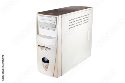 Canvas Print PC, computer case solo, white oldschool midi tower workstation system unit, metal box isolated on white, studio shot