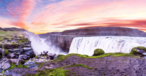Obraz na płótnie Beautiful landscape panorama with most powerful waterfall in Europe Dettifoss in Vatnajokull National Park in Northeast Iceland. Exotic countries. Amazing places. (Meditation, antistress - concept). w salonie