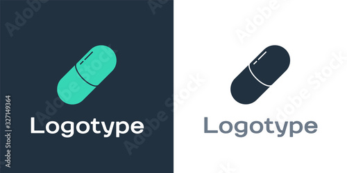 Logotype Medicine pill or tablet icon isolated on white background. Capsule pill and drug sign. Pharmacy design. Logo design template element. Vector Illustration