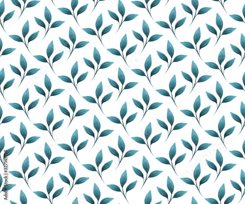 Blue gouache painted leaves, seamless pattern foliage in teal and white