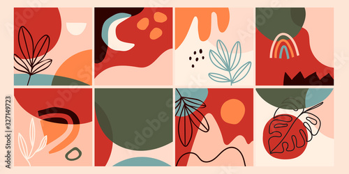 Plakat Set of eight abstract backgrounds. Hand drawn various shapes and doodle objects. Contemporary modern trendy Vector illustrations. Every background is isolated. Pastel colors