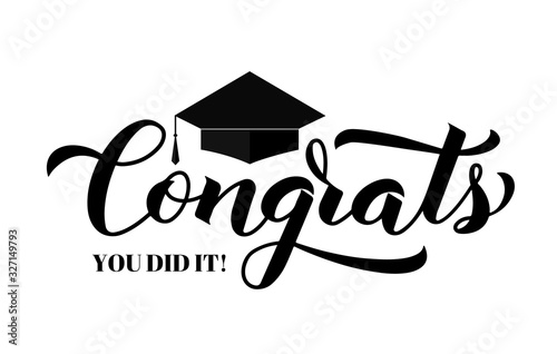 Congrats lettering with graduation cap isolated on white. Congratulations to graduates typography poster. Vector template for greeting card, banner, sticker, label, t-shirt, etc.