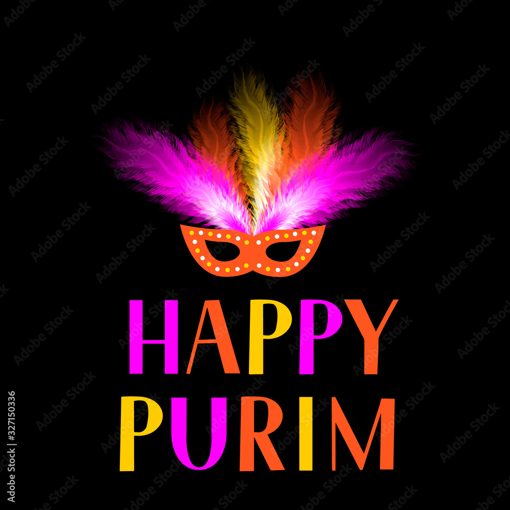 Happy Purim lettering and mask with feathers isolated on black background. Traditional Jewish carnival poster. Vector template for masquerade party invitation, greeting card, banner, flyer.