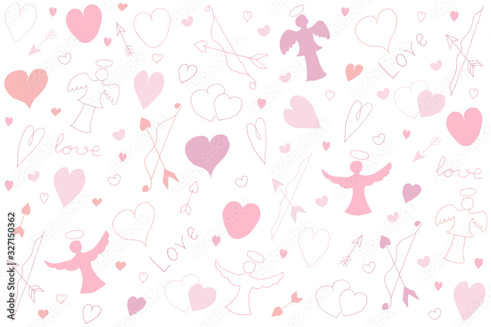 Pink hearts pattern. Doodle illustration of a heart and cupids on a white background Pink hearts pattern. Doodle illustration of a heart and cupids on a white background
