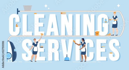 House Cleaning Company, Hotel Room Leaning Service, Housekeeping Professional Work Banner, Poster. Women in Uniform, Maid Cleaning Dust, Mopping and Vacuuming Floor,Trendy Flat Vector Illustration