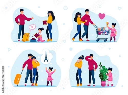 Family Daily Routines, Vacation Travel and Leisure Trendy Flat Vector Concepts Set. Parents with Children Feeding Cat, Shopping Together, Planning Touristic Trip, Playing in Hide-and-Seek Illustration