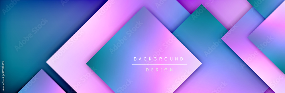 Fototapeta premium Square shapes composition geometric abstract background. 3D shadow effects and fluid gradients. Modern overlapping forms