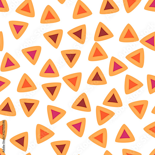 Hamantaschen seamless pattern. Traditional jewish sweets Hamantaschen cookies. Carnival in Israel Purim vector background illustration.