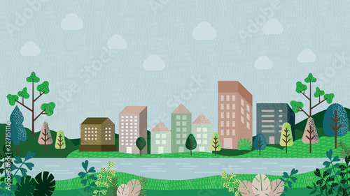Vector illustration in simple minimal geometric flat style - city landscape with buildings, hills and trees - abstract horizontal banner and background- header images for web