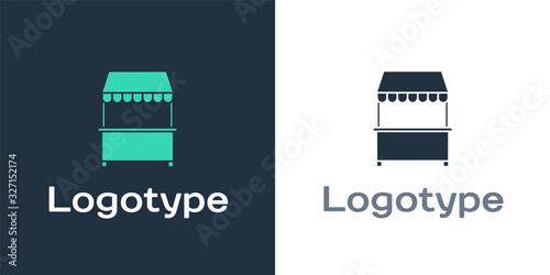 Logotype Street stall with awning and wooden rack icon isolated on white background. Kiosk with wooden rack. Logo design template element. Vector Illustration