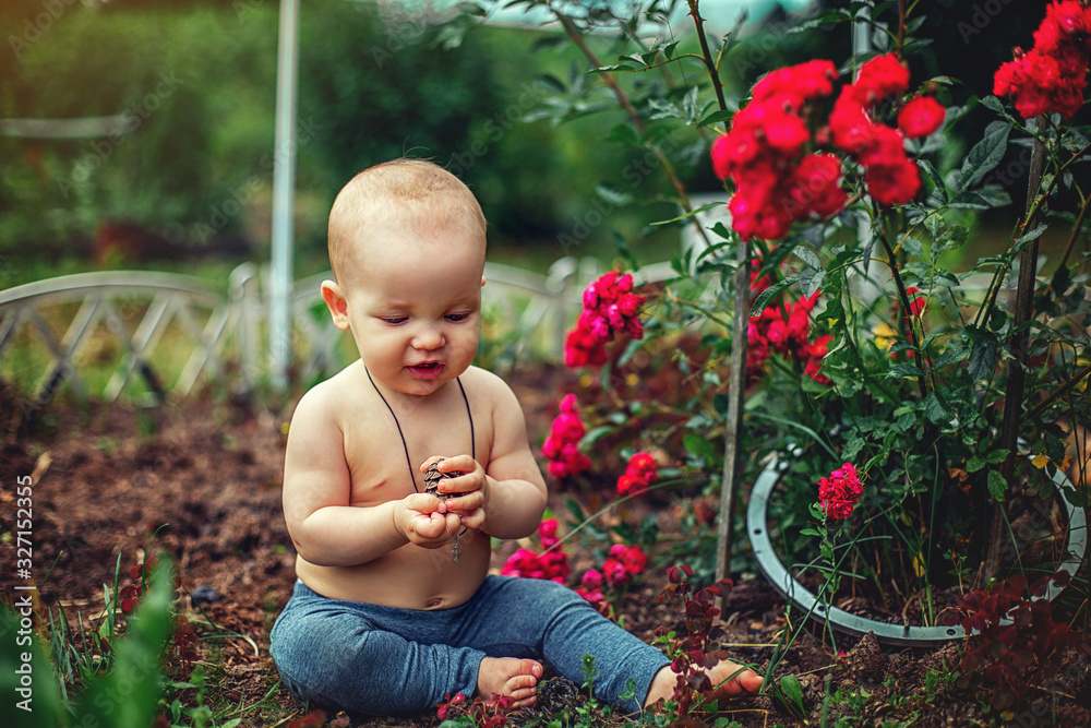 little boy sit and play near a rose bush