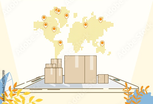 Worldwide Logistic and Cargo Transportation Advertisement Design. Delivery and Warehouse Online Service. Goods Parcels, Cargo Packages on Digital Tablet Device. World Map with Location Marks