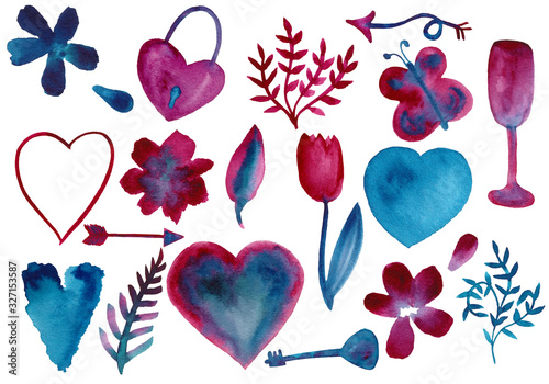Set of watercolor spring and summer romantic design elements of turquoise and purple colors. Cute hand-drawn hearts, arrows, flowers, twigs, wine glass and lock on white background isolated