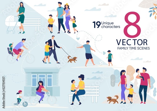 Family Time, Parents with Children Outdoor Walk, Active Lifestyle, Summer Recreation Scenes, Father and Mother Lifestyle Situations, Happy Parenthood Concepts Trendy Flat Vector Illustrations Set